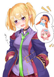 3girls absurdres averting_eyes black_choker blonde_hair blue_bow blue_eyes blush bow chieru_(princess_connect!) chloe_(princess_connect!) choker coat elf green_necktie hair_between_eyes hair_bow highres isocha medium_hair multiple_girls necktie open_clothes open_mouth orange_hair pointy_ears princess_connect! purple_coat purple_eyes purple_shirt school_uniform shirt sidelocks skirt solo_focus speech_bubble st._theresa&#039;s_girls_academy_school_uniform star_(symbol) star_in_eye symbol_in_eye yuni_(princess_connect!)