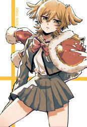 1girl arm_at_side arm_behind_back badge blonde_hair blush bow bowtie character_name collared_shirt contrapposto cowboy_shot daiba_nana epaulettes facing_viewer fur-trimmed_jacket fur_trim green_eyes green_ribbon grey_jacket grey_skirt hair_between_eyes hair_ribbon highres jacket jacket_on_shoulders light_particles long_sleeves looking_to_the_side miniskirt open_clothes open_jacket open_mouth pleated_skirt red_bow red_bowtie red_jacket ribbon rope school_uniform seishou_music_academy_uniform shirt shirt_tucked_in short_hair short_twintails shoujo_kageki_revue_starlight sikyo69 skirt solo translated twintails two-tone_background white_background white_shirt yellow_background