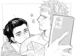 2boys arm_up belt_buckle belt_collar bite_mark bite_mark_on_pecs blush buckle cellphone collar collared_shirt commentary_request english_text eren_yeager facial_hair greyscale gyn1456804 hair_bun highres holding holding_phone looking_at_phone male_focus monochrome multiple_boys nervous_sweating open_clothes open_shirt parted_lips phone reiner_braun selfie shingeki_no_kyojin shirt sideburns simple_background single_hair_bun speech_bubble sweat tears upper_body white_background yaoi