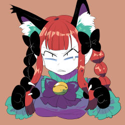 1girl animal_ear_fluff animal_ears bell black_bow blunt_bangs blunt_ends bow bowtie braid cat_ears cat_girl cat_paw claws cropped_torso dress frilled_shirt_collar frills furukawa_(yomawari) green_dress highres holding holding_own_hair kaenbyou_rin long_sidelocks neck_bell pointy_ears red_hair sharp_teeth sidelocks simple_background solid_circle_eyes solo tearing_up teeth touhou twin_braids