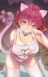 1girl absurdres animal_ears animal_print arm_up bell blurry blurry_background bow bra bra_pull breasts cat_cutout cat_ears cat_girl cat_lingerie cat_panties cat_print cat_tail cleavage cleavage_cutout clothes_pull clothing_cutout food food_in_mouth groin hair_between_eyes heterochromia highres hololive houshou_marine kneeling koubou_(cowbow_kun) large_breasts looking_at_viewer macaron medium_hair meme_attire mouth_hold neck_bell no_shoes panties paw_pose print_panties red_eyes red_hair ribbon short_twintails skindentation solo tail tail_bell tail_bow tail_ornament twintails underwear underwear_only virtual_youtuber white_bra white_panties yellow_eyes