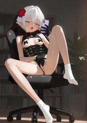 1girl absurdres bare_shoulders black_gloves black_panties blush bodysuit breasts chair clothing_aside commission cross cross_pasties eco_376124 female_masturbation flower gaming_chair gloves hair_flower hair_ornament highres holding holding_phone knees_up latex latex_bodysuit long_legs looking_at_viewer masturbation medium_breasts open_mouth original panties panties_aside pasties phone pixiv_commission pointy_ears purple_eyes pussy sitting socks soles solo spread_legs swivel_chair thighs toes underwear white_hair white_socks