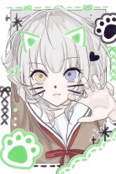 1girl :3 bang_dream! bang_dream!_it&#039;s_mygo!!!!! birthday blue_eyes brown_shirt claw_pose closed_mouth commentary_request dotted_line drawn_ears drawn_heart drawn_nose drawn_whiskers face_filter fang fingernails hair_intakes haneoka_school_uniform heterochromia highres ilpal_e kaname_raana korean_commentary looking_at_viewer medium_hair neck_ribbon paw_print portrait raana_the_cat red_ribbon ribbon sailor_collar school_uniform selfie shirt smile solo white_hair white_sailor_collar winter_uniform yellow_eyes
