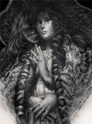 cape charcoal_(medium) cloak cracked_skin doll_joints elden_ring extra_arms extra_faces fur_cape fur_cloak greyscale hat highres joints large_hat michael_c_hayes monochrome ranni_the_witch traditional_media witch witch_hat