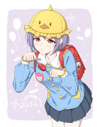 1girl anglediana backpack bag bag_charm bang_dream! bang_dream!_it&#039;s_mygo!!!!! black_skirt blue_shirt blush border character_charm charm_(object) chinese_commentary closed_mouth commentary_request crime_prevention_buzzer crime_prevention_buzzer_threat hat highres mortis_(bang_dream!) mortis_(costume)_(bang_dream!) outside_border pink_eyes pleated_skirt purple_background purple_hair randoseru red_bag shirt short_hair skirt solo wakaba_mutsumi white_border yellow_hat yuutenji_nyamu