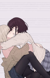 Rule 34 | 2girls, black pantyhose, blush, brown hair, brown sweater, cardigan, commentary request, french kiss, girls band cry, grey cardigan, grey eyes, grey hair, grey skirt, hair down, highres, iseri nina, kawaragi momoka, kiss, long hair, long sleeves, multiple girls, off shoulder, pantyhose, pantyhose under shorts, pleated skirt, saliva, shorts, skirt, sweater, undressing another, yun cao bing, yuri