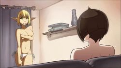 1futa 1girl animated animated_gif anus arm_under_breasts ass blonde_hair blush book bouncing_breasts breasts brown_hair casch close-up couch covering_breasts covering_privates curtains elf evangelyne_(wakfu) eyes_visible_through_hair flaccid flat_ass from_behind full-package_futanari futa_with_female futanari green_eyes grin indoors jiggle large_breasts looking_at_penis multiple_girls navel nipples panties parted_lips penis penis_awe pointy_ears precum pussy shadow short_hair side-tie_panties sitting smile standing surprised teeth testicles topless_female uncensored underwear undressing untied_panties vase view_between_legs wakfu walking white_panties