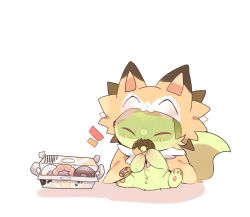 :3 closed_eyes commentary_request cosplay donut eating food gen_7_pokemon highres holding holding_donut holding_food lycanroc lycanroc_(cosplay) nintendo no_humans pokemon pokemon_(creature) simple_background solo sprigatito white_background yupo_0322