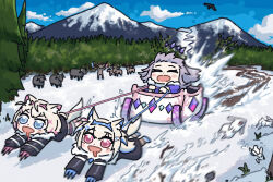 3girls alaska animal_ears bigfoot bing_huyue bird black_jacket blonde_hair blue_eyes blue_footwear blue_hairband blush_stickers chibi circlet claws closed_eyes commentary dog_ears dog_girl dog_sled dog_tail english_commentary fuwawa_abyssgard fuwawa_abyssgard_(1st_costume) gem glowstick hairband highres hololive hololive_english horn_hairband jacket koseki_bijou long_hair mococo_abyssgard mococo_abyssgard_(1st_costume) moose mountain multiple_girls muskox pine_tree pink_eyes pink_hairband pink_shoes purple_gemstone rabbit scenery shoes short_hair siblings sky sled snow tail tongue tongue_out tree twins virtual_youtuber winter_clothes