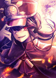 1boy :d adjusting_clothes adjusting_headwear black_cape black_hat cape crest crying crying_with_eyes_open determined embers eye_trail family_crest fate/grand_order fate_(series) fiery_hair floating_hair gloves hair_between_eyes hat high_collar jacket kepi light_particles light_trail long_hair long_sleeves looking_at_viewer low_ponytail male_focus military_hat military_uniform oda_nobukatsu_(fate) oda_uri onion_tama2525 open_mouth ponytail red_eyes sidelocks smile solo tears v-shaped_eyebrows white_gloves