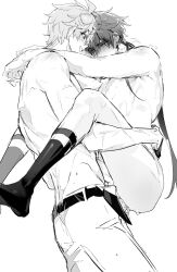2boys arms_around_neck arms_behind_back blush calf_socks cum cumdrip genshin_impact greyscale hamtaru542899 monochrome mors_gn multiple_boys sex smile suspended_congress tartaglia_(genshin_impact) tears twitter white_background yaoi zhongli_(genshin_impact)