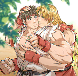 Rule 34 | 2boys, arm guards, bara, blonde hair, blush, brown hair, dougi, grabbing from behind, hand on another&#039;s chest, hand on another&#039;s head, headband, karate gi, ken masters, large pectorals, long hair, low-tied long hair, male focus, martial arts belt, multiple boys, muscular, muscular male, pectoral cleavage, pectorals, red headband, ryu (street fighter), short hair, signature, street fighter, street fighter zero (series), sunfight0201, torn clothes, torn sleeves, yaoi