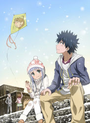 2boys 2girls :t accelerator_(toaru_majutsu_no_index) ahoge black_hair black_legwear blush brown_hair day delf eating green_eyes hands_in_pockets hat holding hood hoodie index_(toaru_majutsu_no_index) jacket kamijou_touma kite last_order_(toaru_majutsu_no_index) looking_up multiple_boys multiple_girls pantyhose short_hair sidelocks silver_hair sitting sitting_on_stairs skirt sky snow snowing stairs toaru_majutsu_no_index turtleneck white_legwear winter_clothes