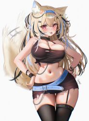 1girl animal_ear_fluff animal_ears bare_shoulders belt black_hair black_skirt black_tank_top black_thighhighs blonde_hair blue_belt blue_hair blush breasts cleavage collarbone cowboy_shot crop_top dog_ears dog_girl dog_tail fuwawa_abyssgard garter_straps goth_fashion hands_on_own_hips highres hololive hololive_english large_breasts miniskirt multicolored_hair navel pink_eyes rosebell simple_background skirt solo streaked_hair tail tank_top thighhighs tongue virtual_youtuber white_background