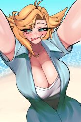 Rule 34 | absurdres, aqua eyes, arms up, beach, blonde hair, breasts, brothbowl, cleavage, collarbone, dokibird, green eyes, highres, indie virtual youtuber, jumpsuit, large breasts, looking at viewer, looking up, sand, seductive smile, shirt, short hair, smile, tagme, tongue, tongue out, undershirt, virtual youtuber, water, white shirt