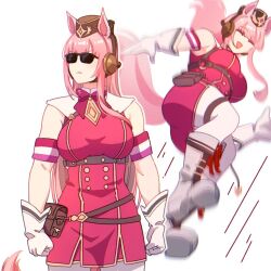 1girl animal_ears breasts brown_hat cosplay gloves gold_ship_(umamusume) gold_ship_(umamusume)_(cosplay) hat highres hololive hololive_english horse_ears horse_girl horse_tail hyurisaki incoming_kick large_breasts mori_calliope motion_blur motion_lines multiple_views pink_hair pink_shirt shirt sunglasses tail thigh_strap umamusume virtual_youtuber white_background white_gloves