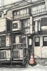 Rule 34 | air conditioner, vent (object), cable, door, electric panel, graphite (medium), highres, ibsukionsen, industrial, industrial pipe, no humans, original, scenery, spill, traditional media, traffic cone, vent (object)