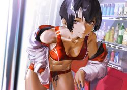 absurdres black_hair can commentary_request hand_in_pocket highres holding jacket leaning_forward leaning_on_object looking_at_viewer off_shoulder original short_hair solo sports_bra sports_drink sportswear sweat vending_machine waterswing