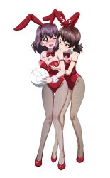 Rule 34 | 2girls, absurdres, animal ears, ball, black pantyhose, blush, bow, bowtie, breasts, brown eyes, brown hair, cleavage, closed mouth, fake animal ears, full body, girls und panzer, highres, kawanishi shinobu, key (gaigaigai123), kondou taeko, large breasts, leotard, long hair, looking at another, multiple girls, one eye closed, open mouth, pantyhose, playboy bunny, rabbit ears, red bow, red bowtie, red leotard, simple background, small breasts, smile, volleyball (object), white background, yuri