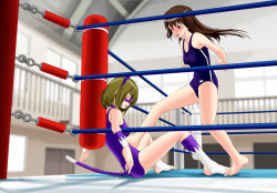 Rule 34 | #13, animal ears, ayano (#13), barefoot, blush, cat ears, domination, feet, femdom, forced, humiliation, kicking, spread legs, sumire (#13), swimsuit, toeless legwear, toes, wrestling, wrestling ring, yuri