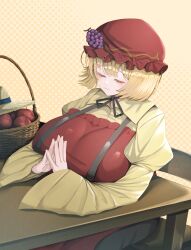 1girl absurdres aki_minoriko aonori00 apron basket blonde_hair breasts closed_eyes closed_mouth commentary_request commission food fruit grape_hat_ornament grapes hat highres huge_breasts juliet_sleeves long_sleeves mob_cap own_hands_together polka_dot polka_dot_background puffy_sleeves red_apron red_hat short_hair sitting skeb_commission solo touhou upper_body