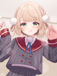 1girl absurdres blonde_hair blue_ribbon blunt_bangs blunt_ends braid commentary_request dutch_angle green_eyes grey_skirt grey_sweater_vest hair_ornament highres holding indie_virtual_youtuber long_sleeves looking_at_viewer mimikaki pom_pom_(clothes) pom_pom_hair_ornament ribbon shigure_ui_(vtuber) shirt short_hair side_braids skirt solo sweater_vest thippy tongue tongue_out white_shirt