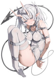 1girl arms_behind_back bandaid bandaid_on_leg belt bound bound_legs bound_torso collar grey_eyes grey_hair harness highres horns key leash no_shoes original parsley-f pointy_ears solo tail thighhighs white_background white_thighhighs