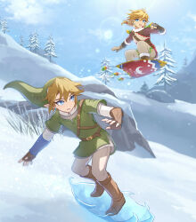 2boys absurdres blue_eyes boots brown_boots brown_hair brown_pants day dual_persona enni green_tunic highres link male_focus multiple_boys nature nintendo outdoors pants smile snow snowboarding snowquill_set_(zelda) the_legend_of_zelda the_legend_of_zelda:_breath_of_the_wild the_legend_of_zelda:_twilight_princess tree tunic winter