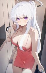 Rule 34 | 1girl, apron, blue archive, breasts, halo, holding, holding ladle, k cyp, ladle, large breasts, looking at viewer, naked apron, noa (blue archive), opening door, ponytail, purple eyes, red apron, see-through apron, see-through clothes, smile, white hair