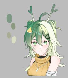 1girl :&lt; ahoge bandaged_arm bandages bare_shoulders black_shirt borrowed_character breasts closed_mouth color_guide cropped_torso dot_nose dragon_horns eyelashes food food-themed_hair_ornament frown fruit gift_art gradient_hair green_eyes green_hair grey_background hair_between_eyes hair_ornament hairclip highres horns jacket jacket_partially_removed jewelry light_blush long_hair looking_at_viewer malwaroe multicolored_hair neggie_(neggiee) original pendant pineapple pineapple_slice second-party_source shirt shirt_under_sweater simple_background sleeveless sleeveless_shirt sleeveless_sweater solo spring_onion streaked_hair sweater turtleneck turtleneck_shirt turtleneck_sweater two-tone_hair white_hair white_jacket yellow_sweater