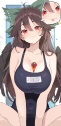 1girl :p absurdres black_one-piece_swimsuit breasts brown_hair cleavage closed_mouth highres large_breasts long_hair looking_at_viewer one-piece_swimsuit red_eyes reiuji_utsuho school_swimsuit smile solo swimsuit tetsurou_(fe+) tongue tongue_out touhou