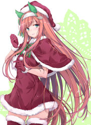 1girl animal_ears blunt_bangs bow bowtie capelet christmas commentary cowboy_shot doily dress ear_covers fur-trimmed_capelet fur-trimmed_dress fur-trimmed_gloves fur-trimmed_thighhighs fur_trim gloves green_bow green_bowtie grey_hairband hairband hat horse_ears horse_girl horse_tail long_hair looking_at_viewer open_mouth orange_hair red_capelet red_dress red_gloves red_headwear red_thighhighs santa_gloves santa_hat short_dress silence_suzuka_(umamusume) smile solo standing tail thighhighs umamusume very_long_hair yumesato_makura