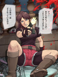 Rule 34 | 1girl, belt, bike shorts, blue eyes, breasts, brown hair, claire redfield, denim, female focus, fingerless gloves, gloves, gun, handgun, looking at viewer, ponytail, resident evil, resident evil 2, shorts, solo, tare-katsu, weapon, zombie