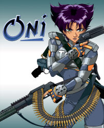 1990s_(style) 1girl ammunition_belt aqua_background armor asymmetrical_dual_wielding bullet bungie cartridge clothes_writing copyright_name cover determined dual-mode_shotgun dual_wielding false_smile fighting_stance fingerless_gloves fingernails glaring gloves gradient_background green_eyes gun hair_in_eyes handgun highres holding konoko_(oni) light_machine_gun light_smile lipstick looking_at_viewer lorraine_reyes_mclees machine_gun makeup official_art oni_(game) orange_trim police police_uniform policewoman pump-action_shotgun pump_action purple_eyes purple_hair retro_artstyle revolver science_fiction semi-automatic_shotgun shadow shiny_skin shotgun smile solo spas-12 tactical_clothes tan third-party_edit third-party_source title toned toned_female trigger_discipline video_game_cover weapon weapon_on_back weapon_request white_background