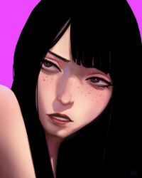 Rule 34 | 1girl, black eyes, black hair, close-up, commentary, eizouken ni wa te wo dasu na!, english commentary, freckles, highres, kanamori sayaka, long hair, parted lips, pink background, simple background, solo, teeth, zienu