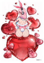1girl animal_ears arm_belt artist_name ass back backboob balloon belt blue_hair blush breasts closed_mouth commentary english_commentary fanbox_username fingernails fishnet_pantyhose fishnets fur-trimmed_leotard fur_trim fur_wrist_cuffs headphones heart heart_balloon huge_breasts leotard long_hair looking_back median_furrow multicolored_hair nail_polish nitroplus pantyhose pink_belt pink_eyes pink_hair pink_leotard pink_nails playboy_bunny rabbit_ears rabbit_tail see-through_balloon sitting smile solo super_sonico tail two-tone_hair valentine virus-g white_background white_wrist_cuffs wrist_cuffs