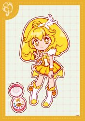 1girl blonde_hair boots border bow bright_pupils choker closed_mouth coattails compact_(cosmetics) cosmetics cure_peace deformed dot_nose dotted_line feather-trimmed_sleeves footwear_bow frilled_skirt frills full_body grey_background grid_background hair_between_eyes hair_ornament happy high_ponytail highres kise_yayoi knee_boots long_hair magical_girl mini_tiara miniskirt orange_bow orange_wrist_cuffs outline pleated_skirt ponytail precure shirt short_sleeves signature skirt skirt_set smile smile_precure! solo standing tareme tiara uwded_207 v white_arm_warmers white_boots white_outline white_pupils white_sleeves wing_hair_ornament wrist_cuffs yellow_border yellow_choker yellow_eyes yellow_shirt yellow_skirt
