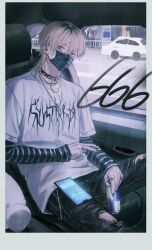 Rule 34 | 1boy, 666, black mask, black nails, black pants, black sleeves, blonde hair, border, bright pupils, can, car, car interior, cellphone, chain, chain necklace, collar, commentary, cross, cross necklace, denim, ear piercing, earrings, grey border, grey eyes, hair between eyes, highres, holding, holding can, hoop, indoors, jeans, jewelry, long sleeves, male focus, mask, medium hair, motor vehicle, mouth mask, multiple rings, necklace, nevermind, nirvana (band), original, pants, phone, piercing, print shirt, ring, road, shirt, sitting, sketch background, sleeves past wrists, smartphone, solo, spiked collar, spikes, st31010, striped sleeves, symbol-only commentary, torn clothes, torn jeans, torn pants, v, white pupils, white shirt