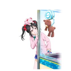 Rule 34 | 1girl, against glass, bear, black hair, blue skirt, blush, bow, bowtie, cardigan, closed mouth, controller, cowboy shot, crane game, diagonal-striped bow, diagonal-striped bowtie, diagonal-striped clothes, dress shirt, green bow, green bowtie, hair bow, hand up, jitome, joystick, long sleeves, looking at object, love live!, love live! school idol festival, love live! school idol project, miniskirt, official art, otonokizaka school uniform, pink cardigan, plaid clothes, plaid skirt, pleated skirt, red bow, red eyes, school uniform, shirt, skirt, smile, solo, standing, striped clothes, stuffed animal, stuffed toy, summer uniform, teddy bear, tongue, tongue out, transparent background, twintails, v-shaped eyebrows, white shirt, yazawa nico