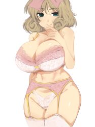 absurdres bra breasts brown_hair cleavage curly_hair garter_belt green_eyes hair_ribbon hand_on_own_chin haruka_(senran_kagura) highres kumako_(kumakonoh) lace lace-trimmed_bra lace_trim large_breasts pink_ribbon ribbon senran_kagura smirk thighhighs underwear underwear_only white_bra