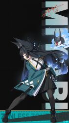 absurdres animal_ear_fluff animal_ears aqua_jacket black_gloves black_hair black_necktie black_pantyhose black_skirt blunt_bangs character_name closed_eyes collared_shirt eyeball fox_ears fox_girl full_body gloves high-waist_skirt highres holding holding_sword holding_weapon hoshimi_miyabi jacket katana long_hair man_ge necktie open_clothes open_jacket pantyhose red_eyes shirt skirt sword tailless_(zenless_zone_zero) weapon white_shirt zenless_zone_zero