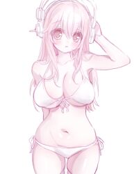Rule 34 | 1girl, bikini, blush, breasts, cleavage, cowboy shot, halterneck, hand on headphones, headphones, highres, large breasts, long hair, looking at viewer, mipi (u3u 00), navel, nitroplus, parted lips, pink eyes, pink hair, pink theme, side-tie bikini bottom, skindentation, solo, string bikini, super sonico, swimsuit, thighhighs
