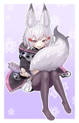 1girl agemmata animal_ear_fluff animal_ears black_jacket black_pantyhose border commentary english_commentary fang feet fox_ears fox_girl fox_tail full_body grey_hair grey_tail hair_ornament highres holding holding_brush jacket knees_together_feet_apart knees_up looking_at_viewer miniskirt no_shoes open_clothes open_jacket open_mouth outline pantyhose phase_connect pleated_skirt purple_background purple_eyes revision short_eyebrows sitting skirt solo tail tenma_maemi toenails toes unzipped virtual_youtuber white_border white_outline white_skirt