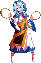 1girl alphes_(style) blue_eyes blue_hair blue_hood clenched_hands commentary_request dairi dress frills full_body hands_up holding hood hood_up hoop jewelry kesa kumoi_ichirin large_variant_set long_hair long_sleeves looking_to_the_side multicolored_dress necklace parody pendant smile socks solo standing style_parody tachi-e touhou transparent_background variant_set wide_sleeves