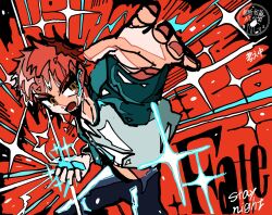 1boy brown_eyes emiya_shirou fate/stay_night fate_(series) fighting_stance highres ima_mo_nao_kangaechuu limited_palette magic male_focus red_hair signature solo solo_focus watermark