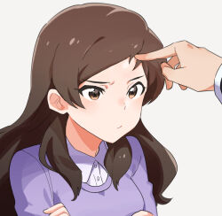 Rule 34 | 1boy, 1girl, brown eyes, brown hair, crossed arms, idolmaster, idolmaster million live!, kitazawa shiho, long hair, poking, portrait, pout, purple shirt, shirop imas, shirt, simple background, solo focus, white background