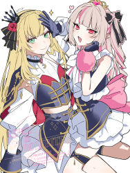 1boy 1girl back_bow black_choker black_gloves black_hairband blonde_hair bow brown_hair choker closed_mouth collared_shirt colored_inner_hair cropped_shirt crossdressing crown detached_sleeves fang flower frilled_shirt_collar frills gem gloves green_eyes hair_intakes hair_ribbon hairband highres juliet_sleeves long_hair long_sleeves looking_at_another makaino_ririmu midriff mini_crown multicolored_hair nijisanji open_mouth pink_bow pink_eyes pink_hair pointy_ears potti-p puffy_sleeves red_flower red_gemstone red_rose ribbon rose shirt simple_background sitting sitting_on_lap sitting_on_person skin_fang skirt sleeveless sleeveless_shirt streaked_hair trap two-tone_hair two_side_up uzuki_kou virtual_youtuber white_background white_shirt white_skirt