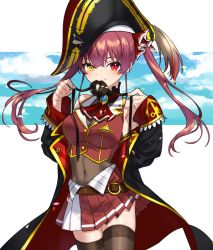 1girl anchor_symbol ascot bare_shoulders belt bicorne black_choker black_coat black_hat black_leotard black_thighhighs breasts brooch buttons choker cleavage cloud coat commentary covered_navel cowboy_shot cropped_jacket detached_sleeves eyepatch frilled_choker frills hands_up hat heterochromia hololive houshou_marine jacket jewelry lace lace-trimmed_legwear lace_trim leotard leotard_under_clothes long_hair miniskirt mouth_hold nakanakatatata off_shoulder pirate_hat pleated_skirt red_ascot red_eyes red_hair red_jacket red_lining see-through_clothes see-through_cleavage skirt sky solo standing thighhighs twintails two-tone_skirt unworn_eyepatch virtual_youtuber yellow_eyes