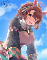 1girl absurdres animal_ears belt blush breasts brown_eyes brown_hair cloud collarbone commentary_request dantsu_flame_(umamusume) hair_between_eyes hair_ornament heisan777 highres horse_ears horse_girl horse_tail large_breasts long_hair shorts signature sky steaming_body sweatdrop tail umamusume