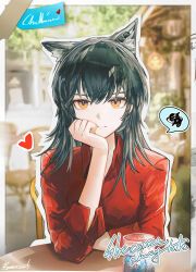 1girl absurdres animal_ear_fluff animal_ears arknights black_hair blurry blurry_background expressionless hair_between_eyes head_on_hand heart highres long_hair looking_at_viewer multicolored_hair orange_eyes photo_(object) red_shirt runamonet shirt signature sitting speech_bubble streaked_hair texas_(arknights) wolf_ears wolf_girl